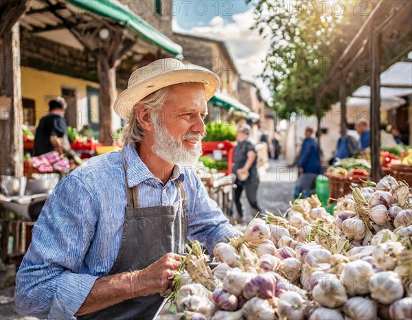 Food, spices, garlic, Allium sativum, many bulbs on a market stall in Italy, old man as seller, AI generated, AI generated