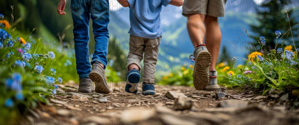 Family walking together on a scenic nature trail, AI generated
