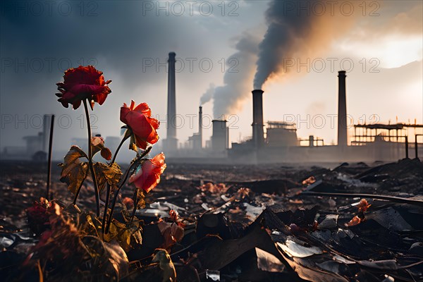 Wilted flowers against a backdrop of industrial smokestacks, AI generated