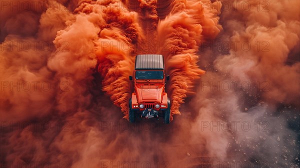 Aerial shot of a red jeep 4x4 vehicle creating a massive dust cloud in a desert, ai generated, AI generated