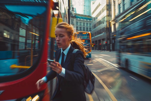 A young woman in a hurry looks at her smartphone on a busy street, symbolic image for accident risk due to media distraction, double-decker bus in London City with motion blur, hectic environment, AI generated, AI generated, AI generated