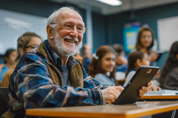 A man of advanced age, senior citizen, sitting with a digital tablet in a course room, training room, symbol image, digital teaching, learning environment, adult education centre, course, training course, learning in old age, media skills in old age, eLearning, media education, AI generated, AI generated, AI generated