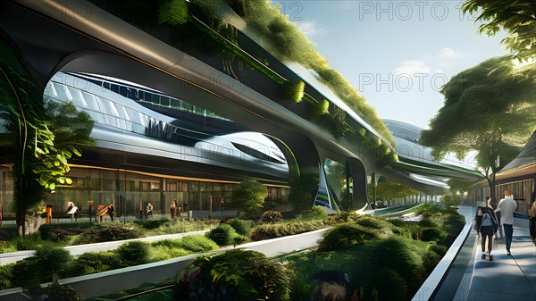 Conceptual digital rendering featuring a seamless transportation hub convergence of autonomous trains, AI generated