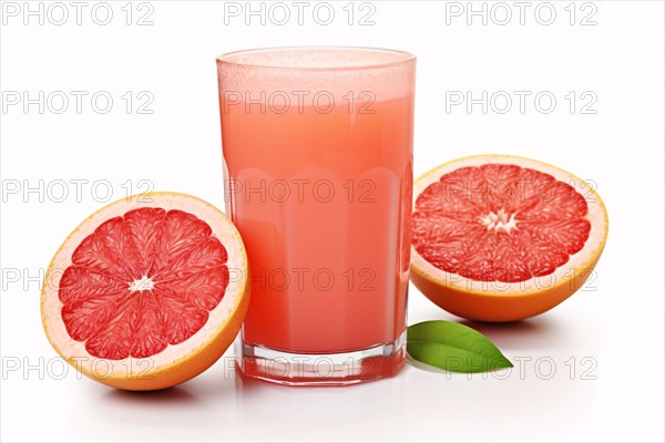 Drinking glass with grapefruit fruits on white background. KI generiert, generiert, AI generated