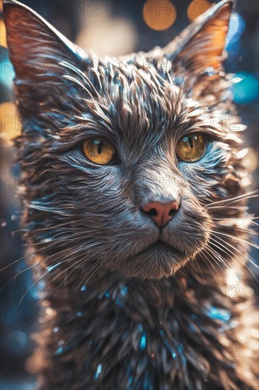 Yellow-eyed cat with shiny texture against an out-of-focus background, ray tracing 3d sculpture, AI generated