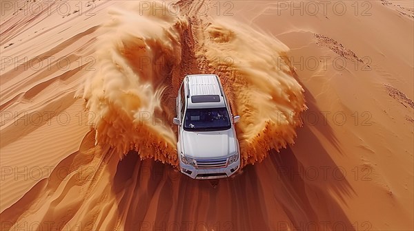 An SUV kicks up a large orange sand cloud while driving over desert dunes, action sports photography, AI generated