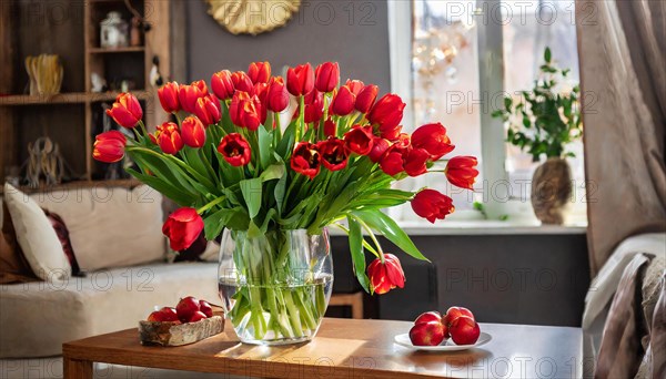 A large bouquet of red tulips in a vase, stands on the table in the flat, spring, AI generated, AI generated