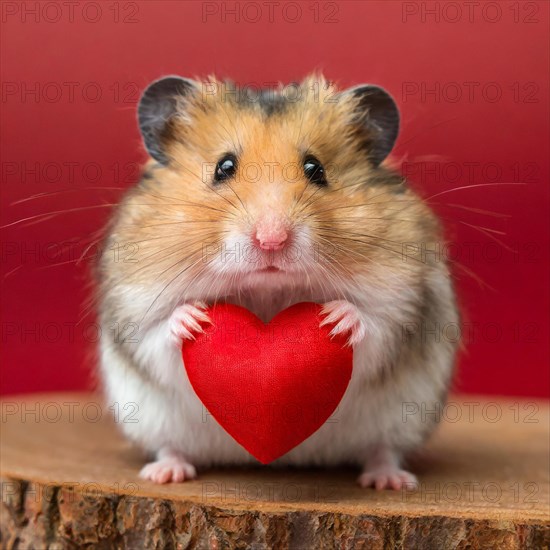 Animals, cute hamster holding a little red heart, AI generated, AI generated