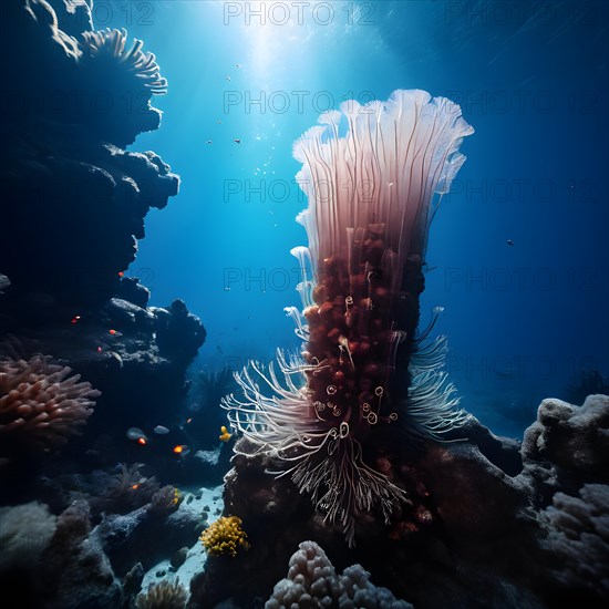 Hydrothermal vent chimney encircled by tube worms in deep ocean habitat, AI generated