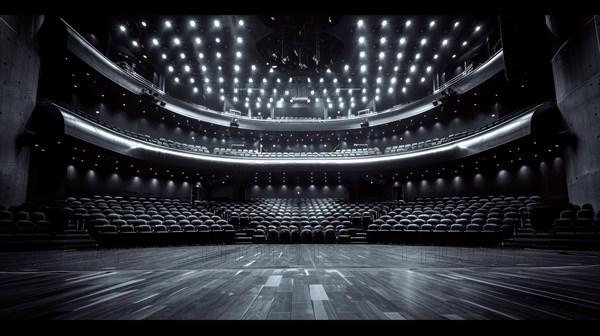Wide-angle view of an empty theater with balcony seating and a lit stage, black and white, ai generated, AI generated
