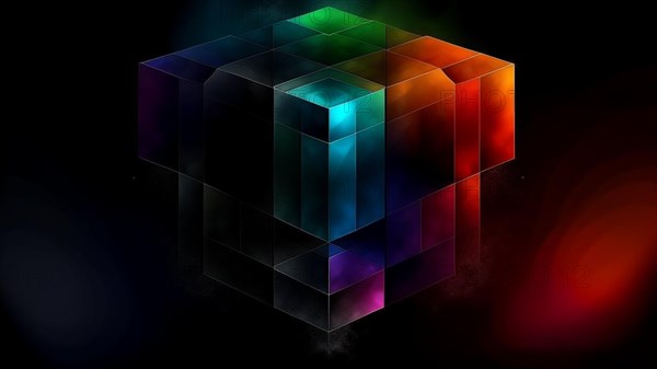 A translucent 3D cube with colorful reflections creating an abstract and mysterious feel, AI generated