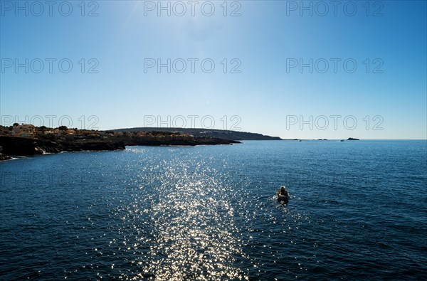 View of the sea with fishing boat from the Mirador de les Malgrats near Santa Ponca or Santa Ponsa, Majorca, Balearic Islands, Spain, Europe