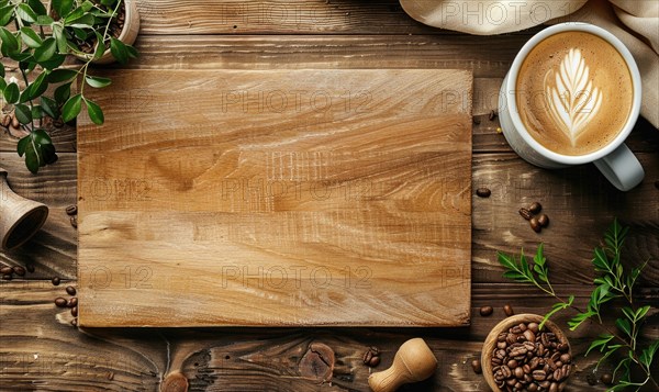 Top view of a coffee with beautiful latte art on a wooden board with coffee beans and greenery AI generated