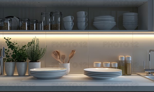 Modern kitchen shelf with neatly arranged dishes and plants under warm lighting AI generated