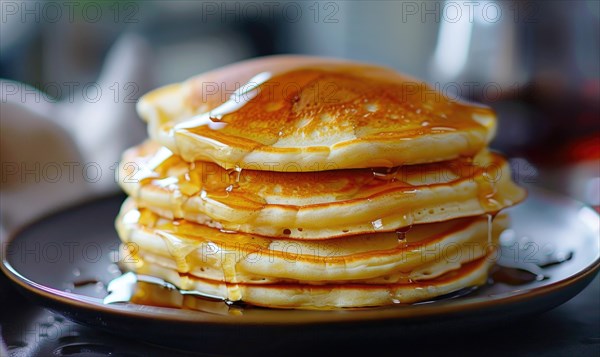 Fresh pancakes with syrup on a plate, steam rising, warm with a cozy feel AI generated