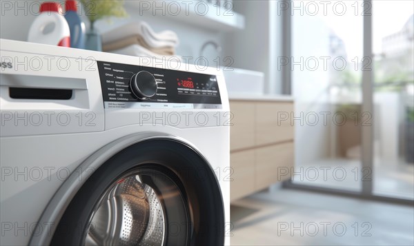 Laundry room interior with washing machine and clothes AI generated