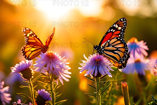 Monarch butterflies dancing amidst a vibrant wildflower meadow, AI generated