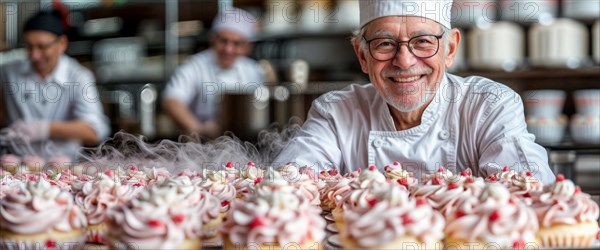 Happy older chef in a white uniform presenting a collection of freshly made cupcakes in a bakery, AI generated