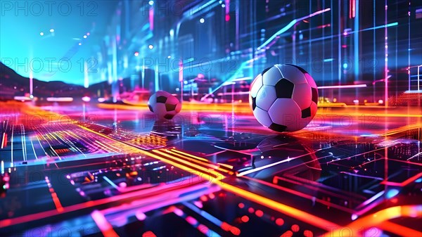 Abstract digital landscape football analytics inspired by geometric patterns interweaving neon lines, AI generated