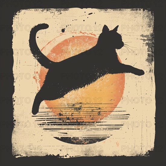 Retro styled image of a cat silhouette with a vintage paper texture and an abstract orange sun, AI generated