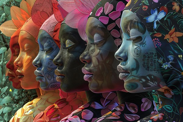 Artistic representation of women with gradient colored faces and floral patterns, illustration, AI generated