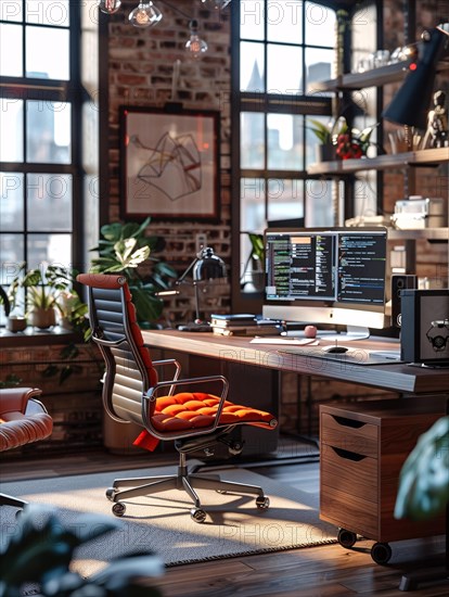 A stylish and sunlit home office setup with a comfortable chair and rustic brick walls, AI generated