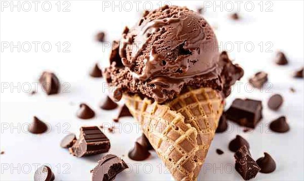 Chocolate ice cream cone on white background AI generated