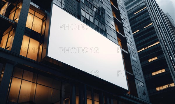 Blank screen banner mockup displayed on the modern building facade. Close Up view AI generated