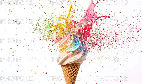 Ice cream cone explosion on white background AI generated