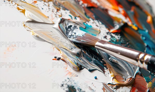 Closeup view of painting brush and paint texture on white canvas. Artistic abstract background AI generated