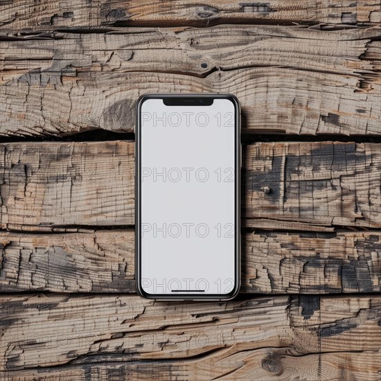 Smartphone mockup with a blank screen on a rustic wooden table background AI generated