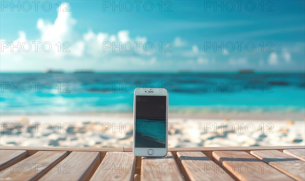 Smartphone mockup with a blank screen on a tranquil beach background, travel and tourism AI generated