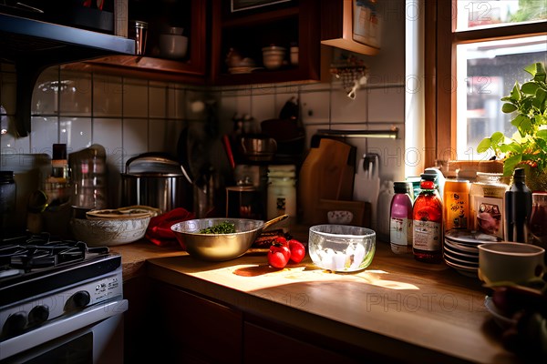 Intimate scene of a small kitchen with a messy counter highlighting the beauty in the chaos, AI generated