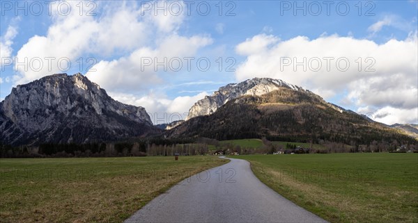 Country road in front of mountain panorama, mountain Pribitz, mountain Messnerin, Oberort, municipality Tragoess-St. Katharein, Styria, Austria, Europe