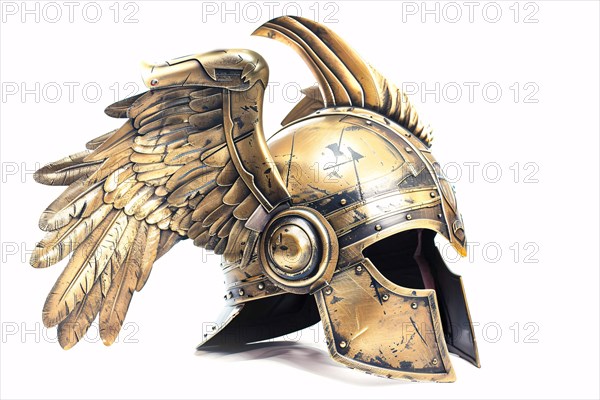 Golden Norse mythology Valkyrie helmet on white bakcground. KI generiert, generiert, AI generated