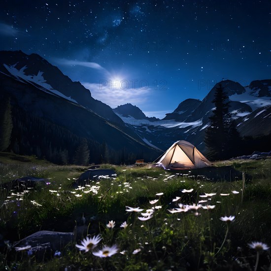 Alpine meadow campsite with wildflowers in full bloom in moonlight, AI generated