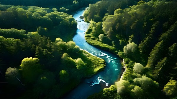 Aerial photo of a winding river meandering through dense forest with gree spring colors, AI generated