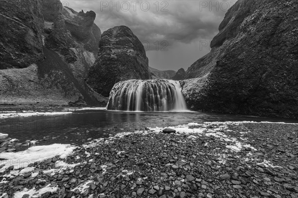 Stjornarfoss waterfall, near Kirkjubaejarklaustur, black and white photo, Sudurland, Iceland, Europe