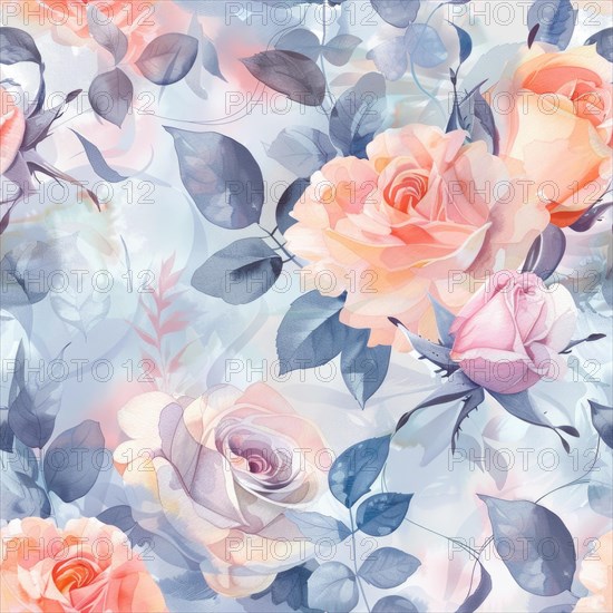 Seamless watercolor pattern with rose blossoms in pastel tones AI generated