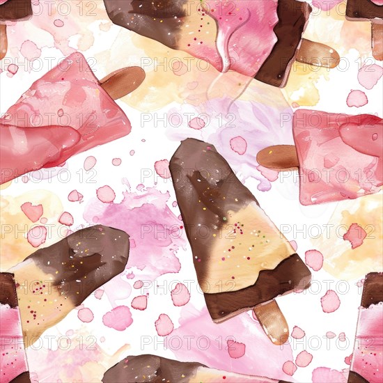 Neapolitan ice cream slices on a watercolor abstract background, seamless pattern AI generated