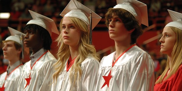 Group of students in white graduation gowns during a ceremony, AI generated