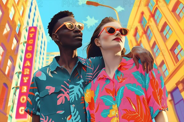 Stylish couple in a brightly colored urban setting, radiating pop culture vibes, illustration, AI generated