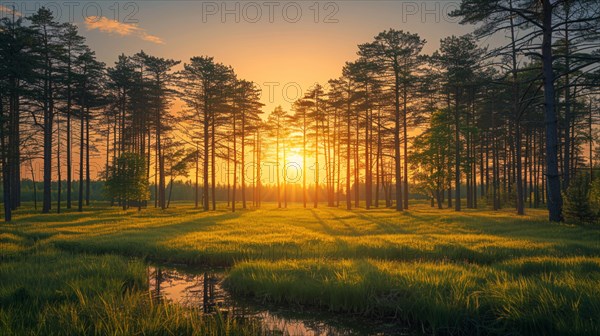 Golden sunset light casting through a serene forest, relaxation, recreation, serenity, naturalness, meditation, enjoyment concept, AI generated