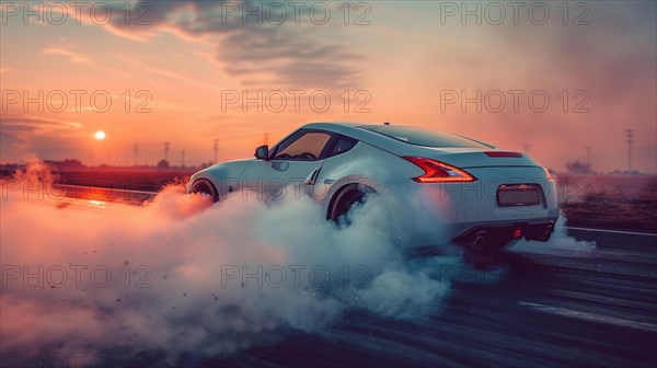 A white sporty japanese coupe drifts creating clouds of smoke from burning wheels at sunset, AI generated