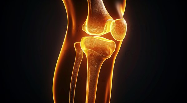 Anatomical illustration of human knee bones with a luminous orange outline against a black background, ai generated, AI generated