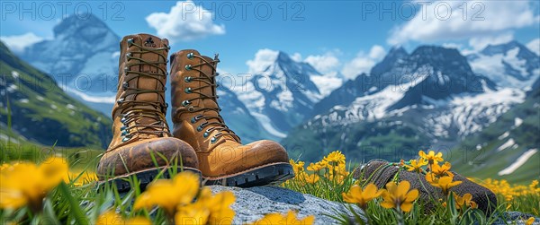 Hiking boots on a rock surrounded by wildflowers in an alpine setting, AI generated