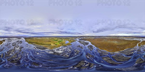 Overgrown river landscape, drone shot, panorama shot, Sudurland, Iceland, Europe