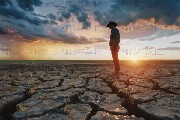 A farmer stands on a parched, cracked earth surface on the horizon a storm with heavy rain is approaching, symbolic image for water shortage, drought, extreme weather conditions, climate crisis, climate change, global warming, crop failure, crop failures, AI generated, AI generated, AI generated