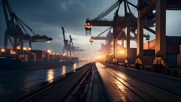 Seaport cranes welcoming arms at twilight, AI generated