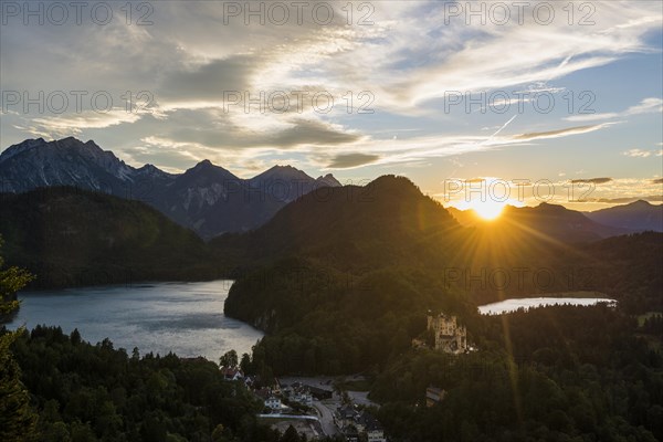 Hohenschwangau Castle, foehn storm, sunset, near Fuessen, Ostallgaeu, Allgaeu, Bavaria, Germany, Europe